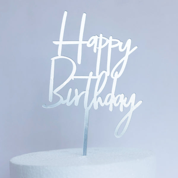 Silver Acrylic Happy Birthday Cake Topper
