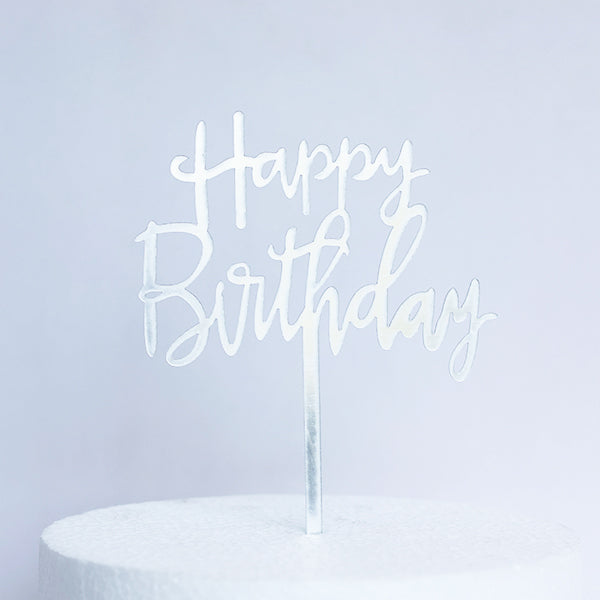 Silver Acrylic Happy Birthday Cake Topper