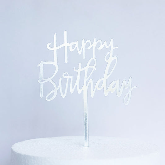 Silver Acrylic Happy Birthday Cake Topper