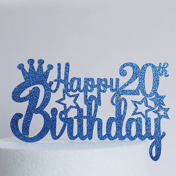 Blue Glitter Happy 20th Birthday Cake Topper