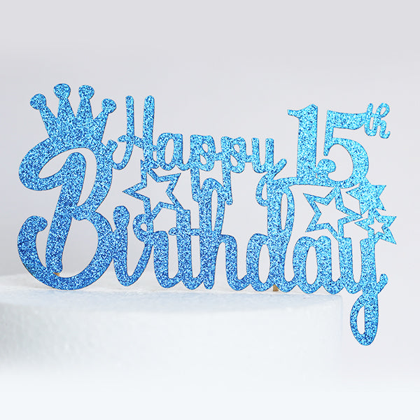 Blue Glitter Happy 15th Birthday Cake Topper