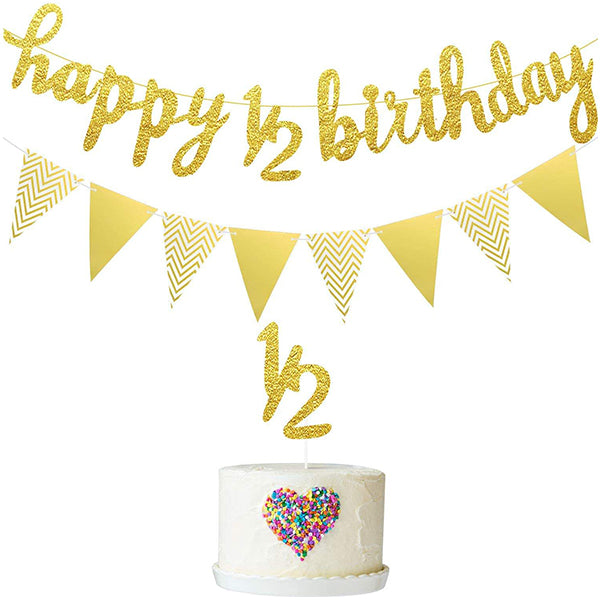 Half Birthday Banner, Bunting & Cake Topper Gold