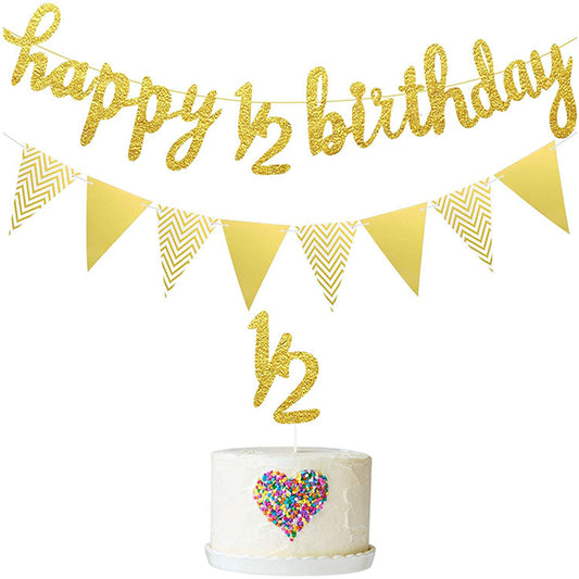 Half Birthday Banner, Bunting & Cake Topper Gold