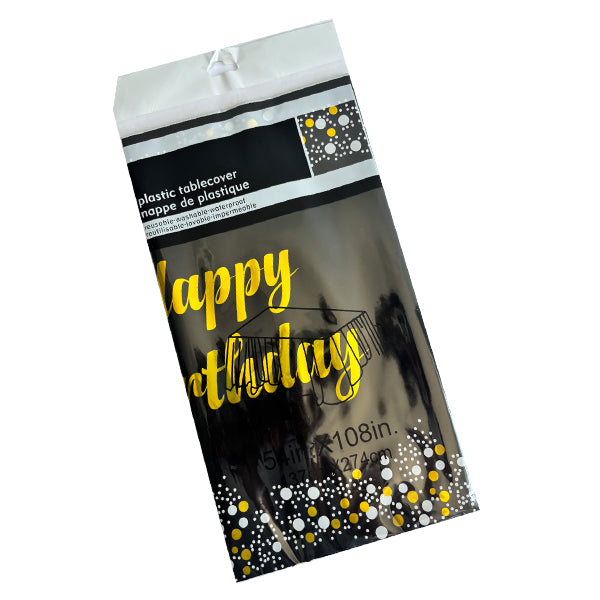 Black Plastic Tablecover With Happy Birthday Printed In Gold