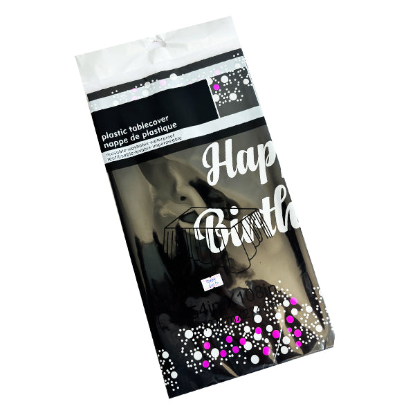 Black Plastic Tablecover With Happy Birthday Printed in Pink/White