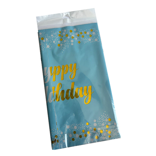 Blue Plastic Tablecover With Happy Birthed Printed in Gold