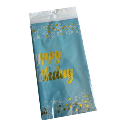 Blue Plastic Tablecover With Happy Birthed Printed in Gold