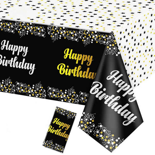 Black Plastic Tablecover With Happy Birthday Printed In Gold