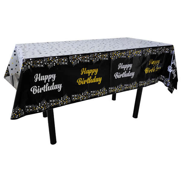 Black Plastic Tablecover With Happy Birthday Printed In Gold