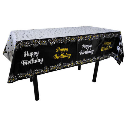 Black Plastic Tablecover With Happy Birthday Printed In Gold