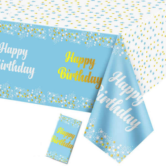 Blue Plastic Tablecover With Happy Birthed Printed in Gold