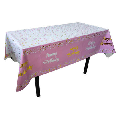 Pink Plastic Tablecover With Happy Birthday Printed