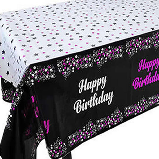 Black Plastic Tablecover With Happy Birthday Printed in Pink/White