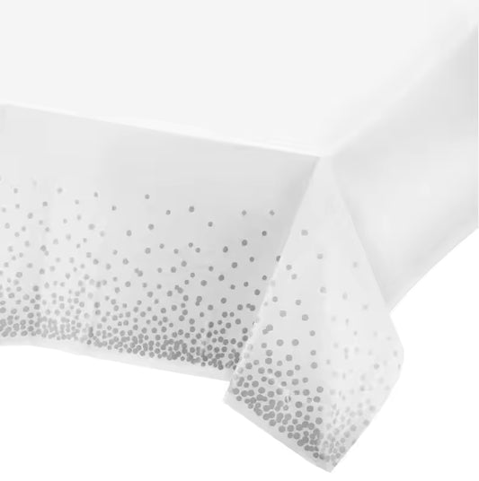 White Plastic Tablecover With Silver Dots