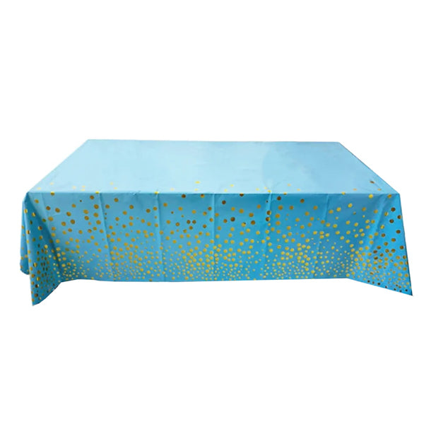 Blue Plastic Tablecover With Gold Dots