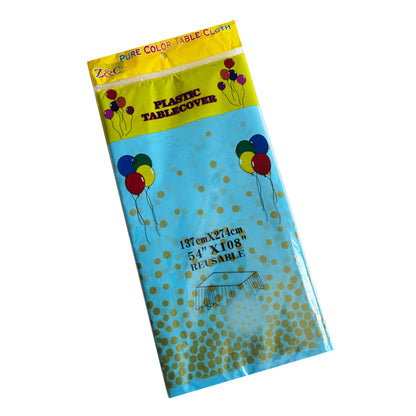 Blue Plastic Tablecover With Gold Dots