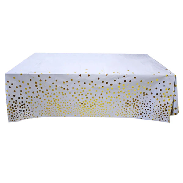 White Plastic Tablecover With Gold Dots