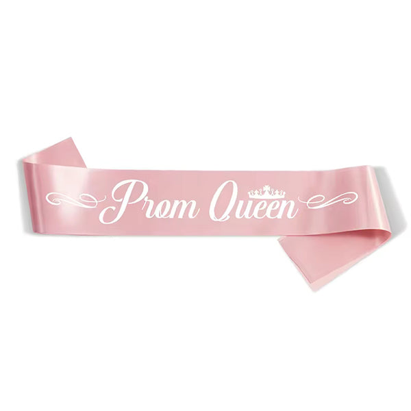 Pink Prom Queen Sash with White Text