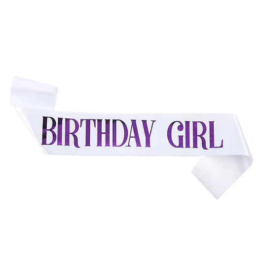 White Birthday Girl Sash With Purple Text