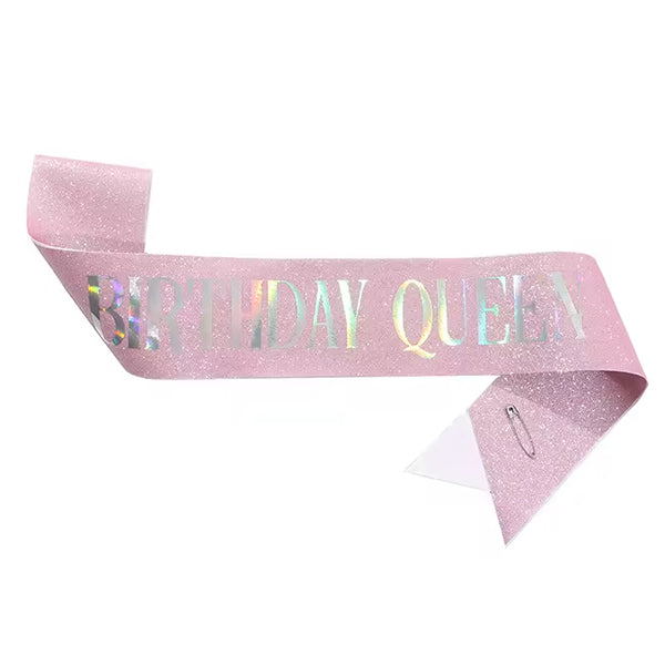 Birthday Queen Glitter Rose Gold Sash With iridescent text