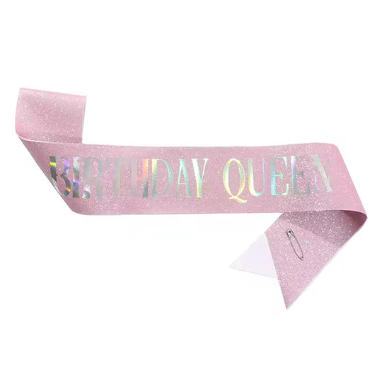 Birthday Queen Glitter Rose Gold Sash With iridescent text