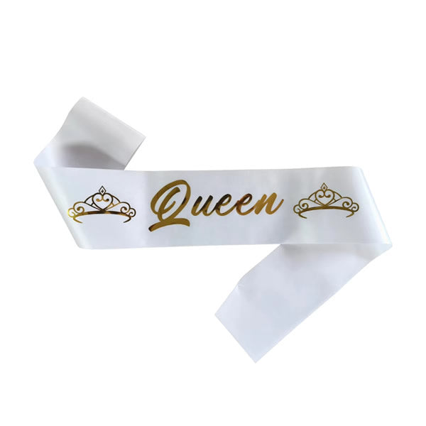White Queen Sash With Gold Text