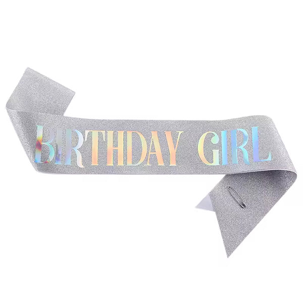 Sash Birthday Girl Glitter Silver Iridescent text