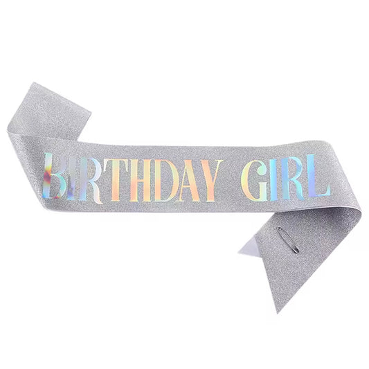 Sash Birthday Girl Glitter Silver Iridescent text