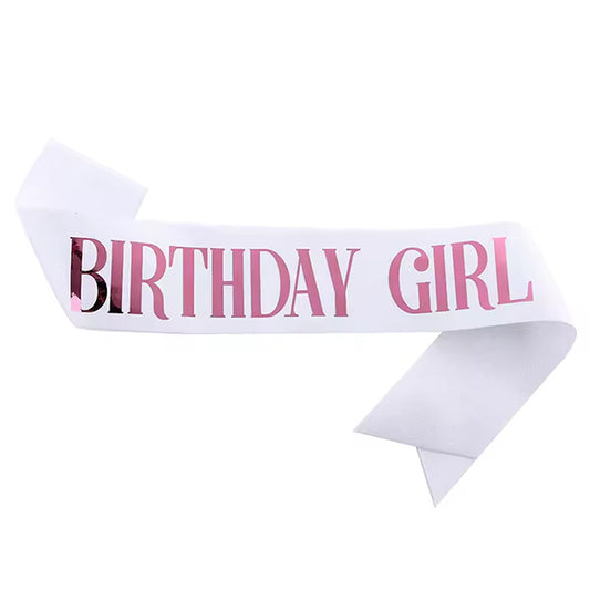 Sash Birthday Girl White with rose gold text