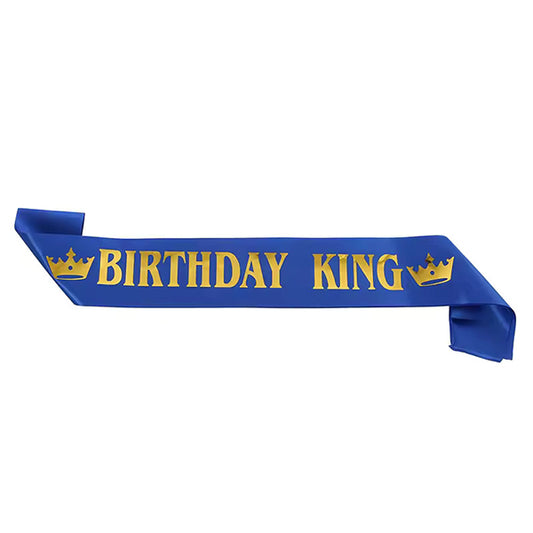 Blue Birthday King Sash With Gold Text