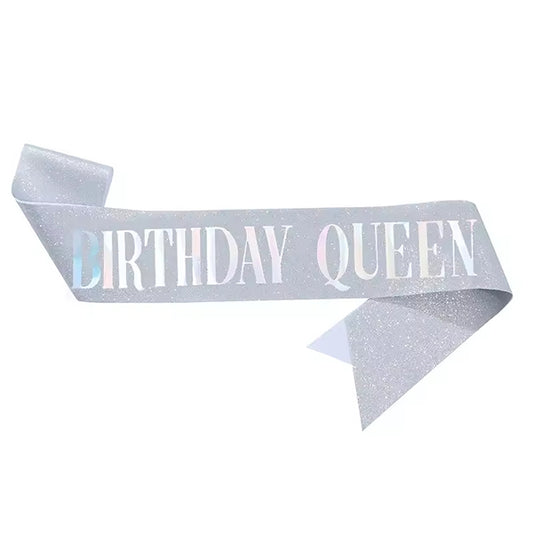 Birthday Queen Glitter Silver Sash With Iridescent Text