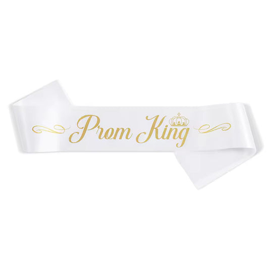 White Prom King Sash With Gold Text