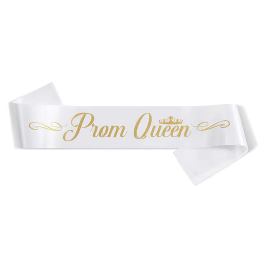White Prom Queen Sash With Gold Text