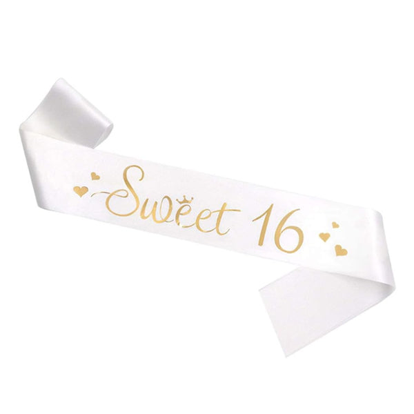 Sweet 16 White Sash With Gold Text