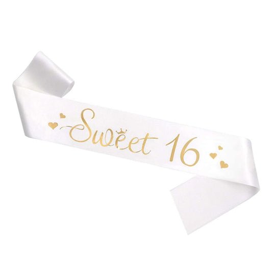 Sweet 16 White Sash With Gold Text