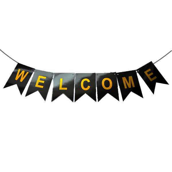 Welcome Black Banner Gold Text