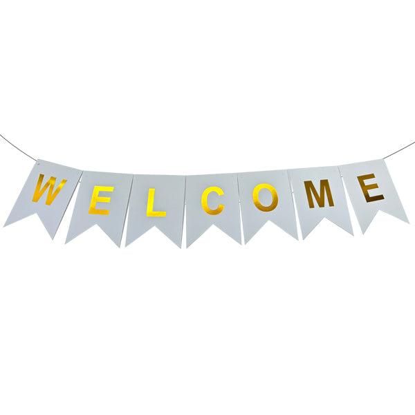 Welcome White Banner Gold Text