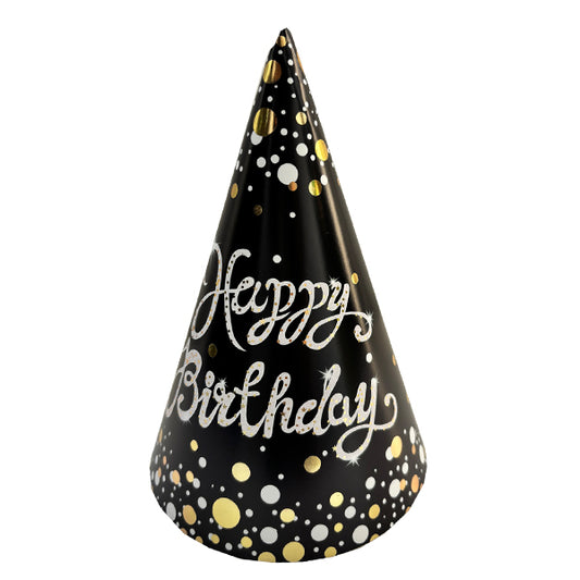 Happy Birthday Black Hats White & Gold Dots