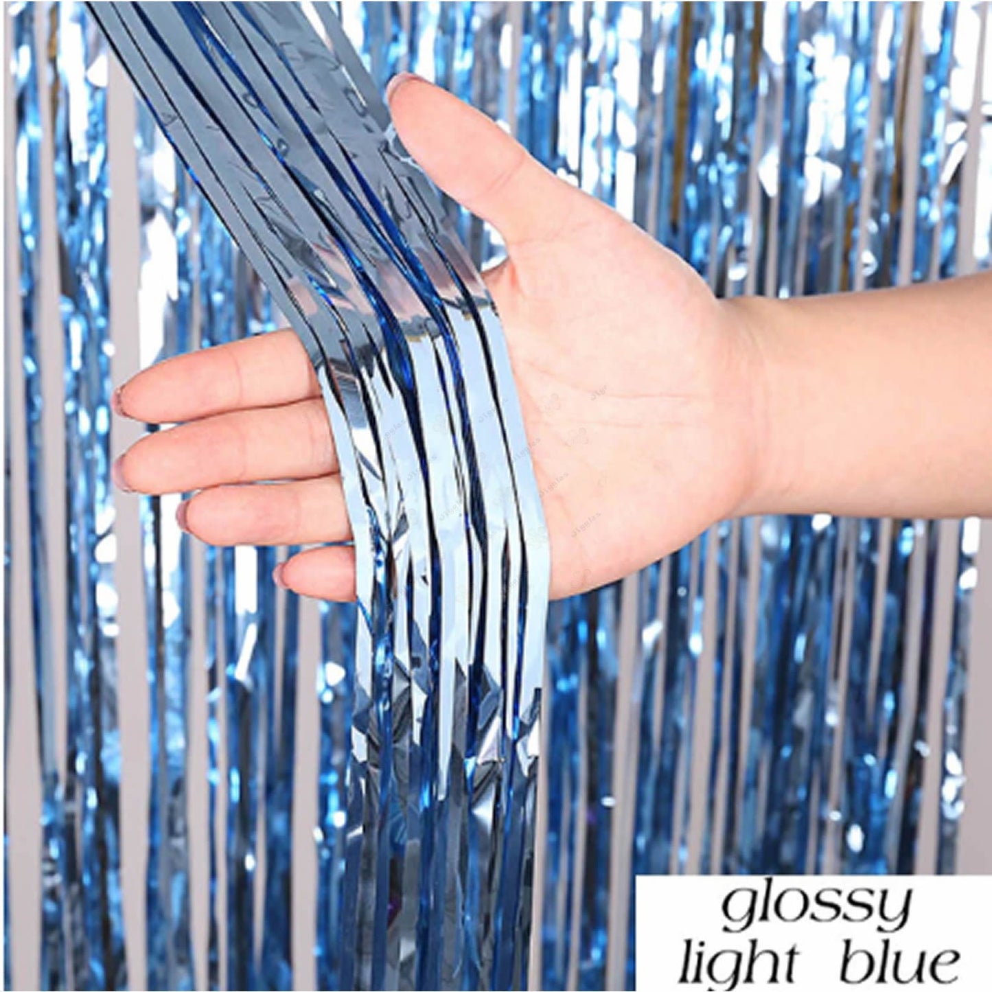 Glossy Light Blue Foil Fringe Curtain