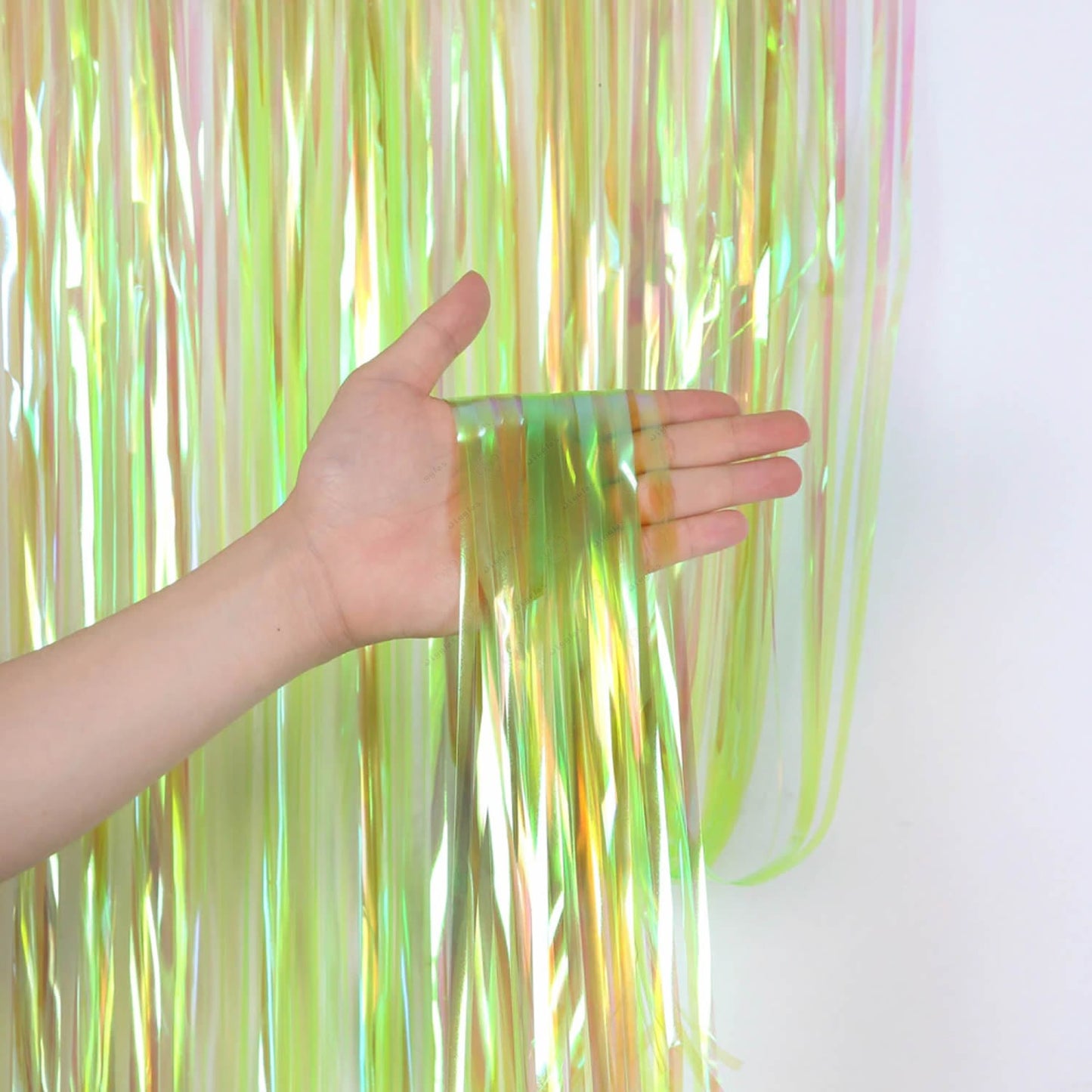 Iridescent Light Green Foil Fringe Curtain