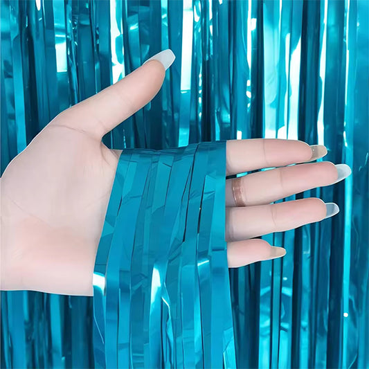 Glossy Light Blue Foil Fringe Curtain