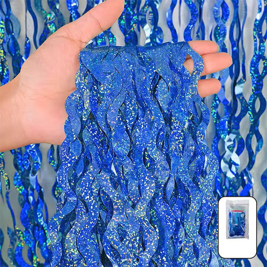 Wavy Laser Dark Blue Fringe Curtain