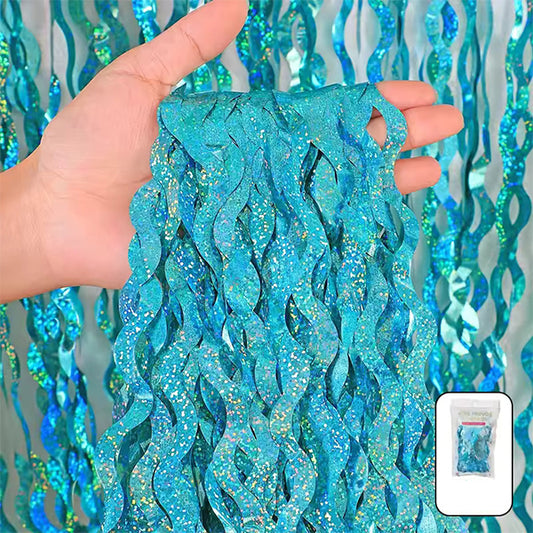 Wavy Laser Light Blue Foil Fringe Curtain