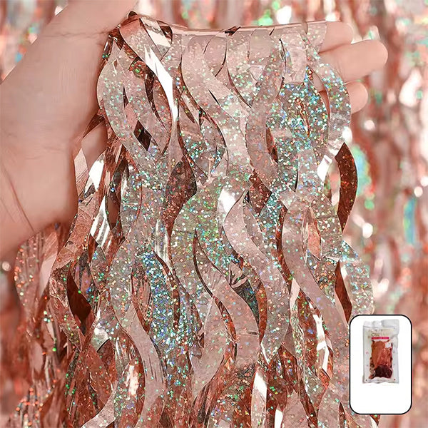 Wavy Laser Rose Gold Foil Fringe Curtain