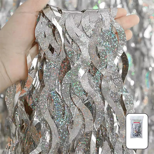 Wavy Laser Silver Foil Fringe Curtain