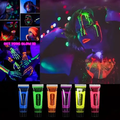 Collage of people with UV-reactive makeup and six tubes of UV-reactive paint.