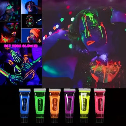 Collage of people with UV-reactive makeup and six tubes of UV-reactive paint.