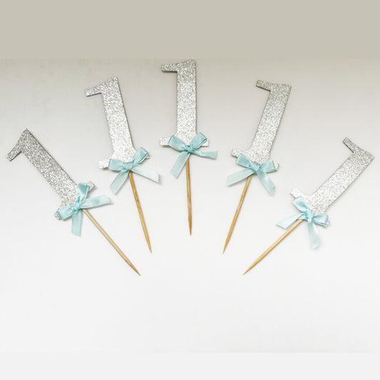 Number 1 Silver Boy Baby Cup Cake Topper