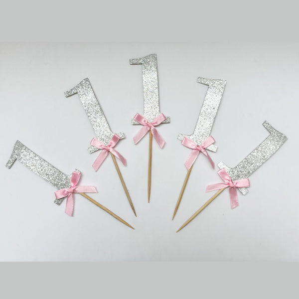 Number 1 Silver Girl Baby Cup Cake Topper