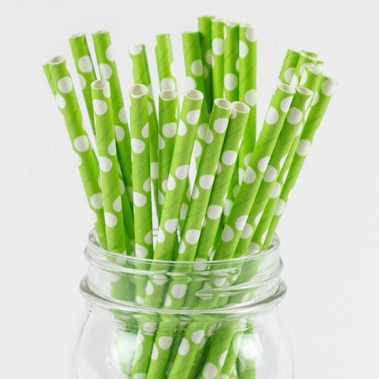 White Polka Dots on Light Green Paper Straws